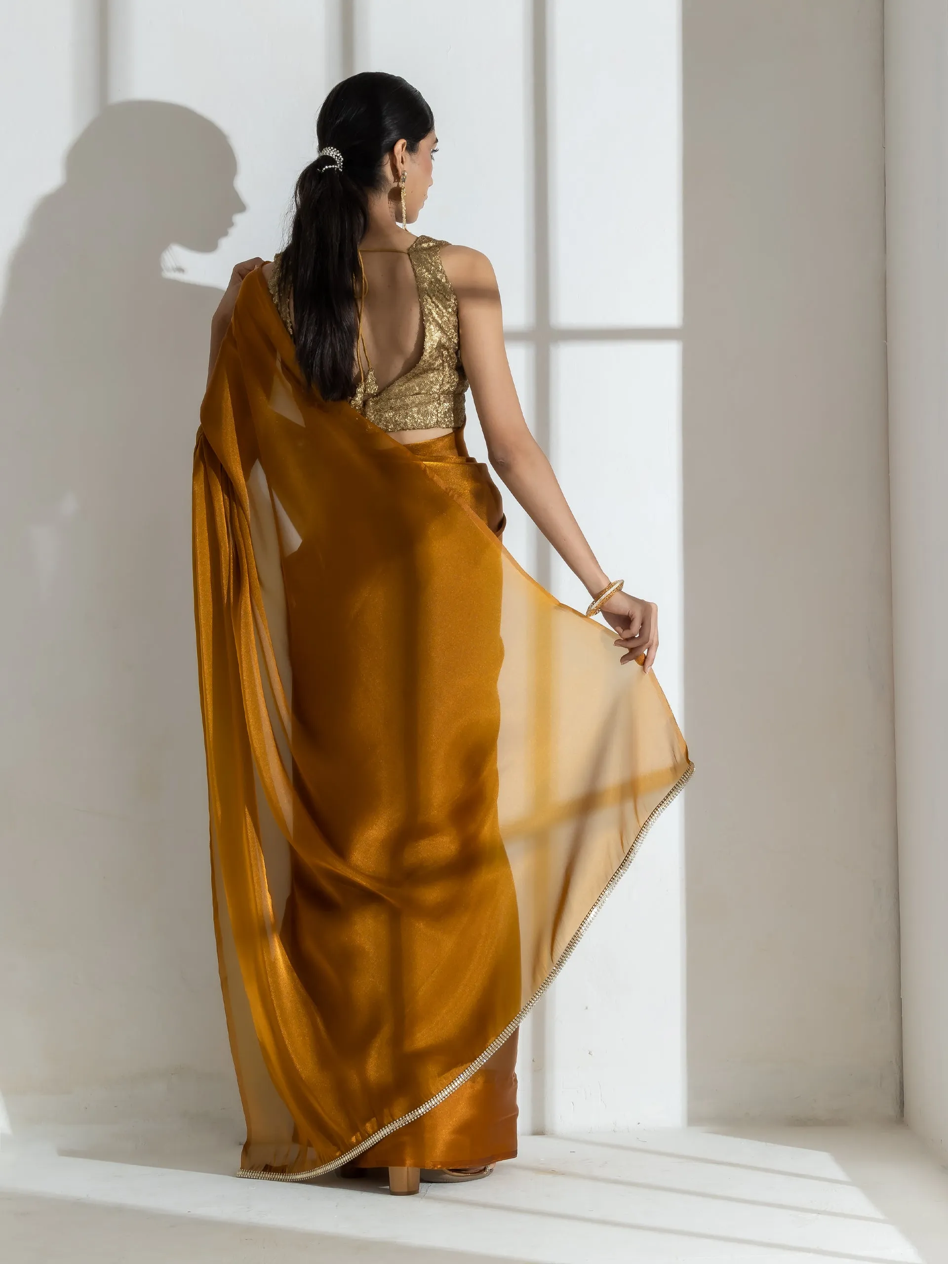 Brushed Bronze Organza Saree with Diamond Lace  & Self Blouse Fabric