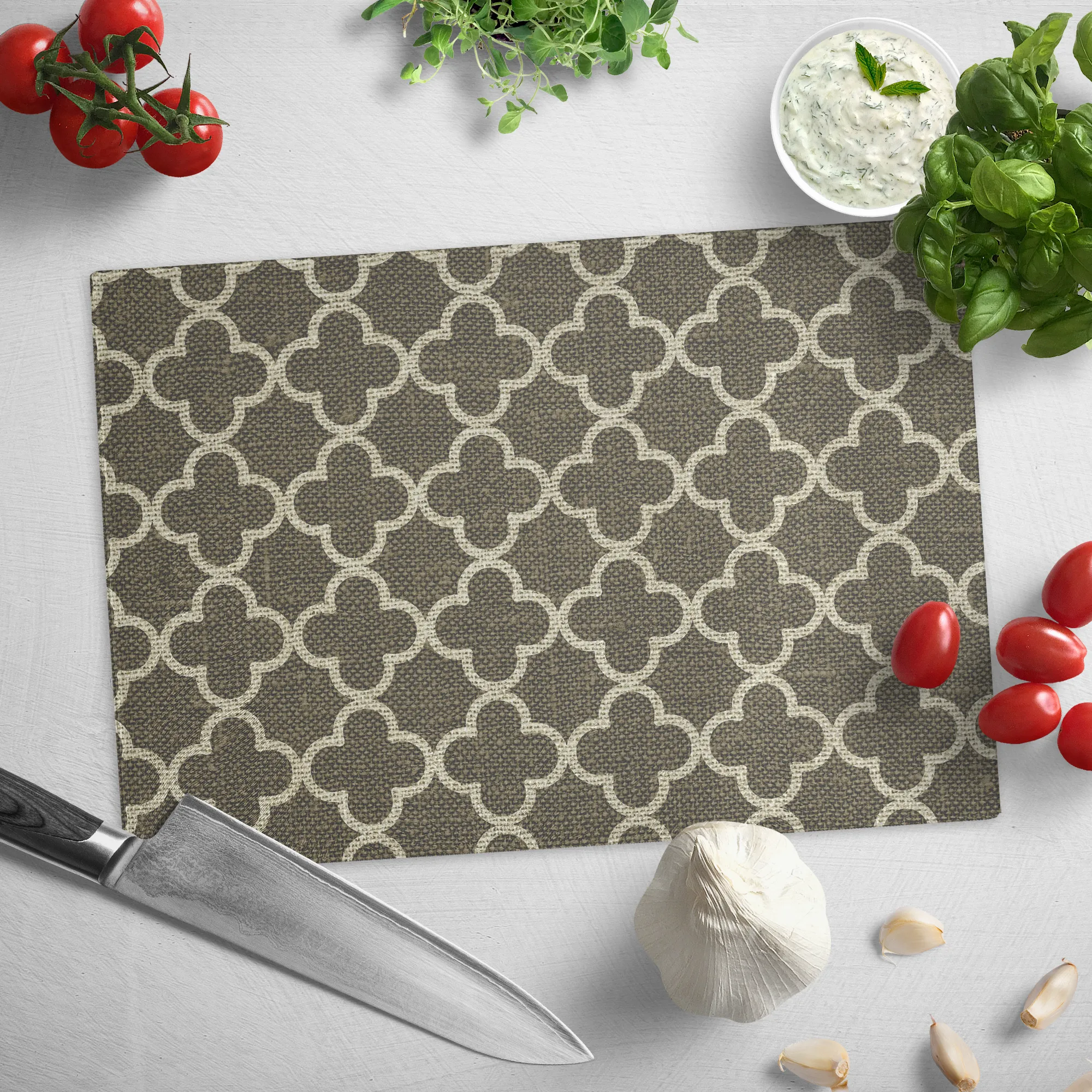 Burlap Style Quatrefoil Tempered Glass Cutting Board