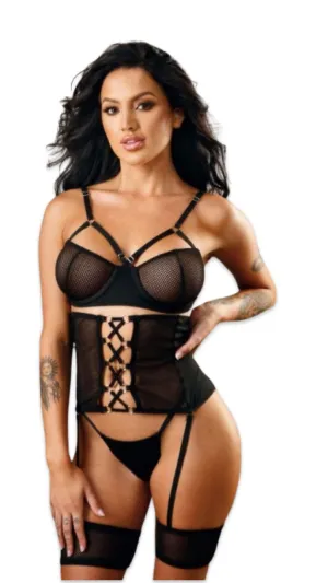 Cage Bra, Cincher and Thick Garter Set Black