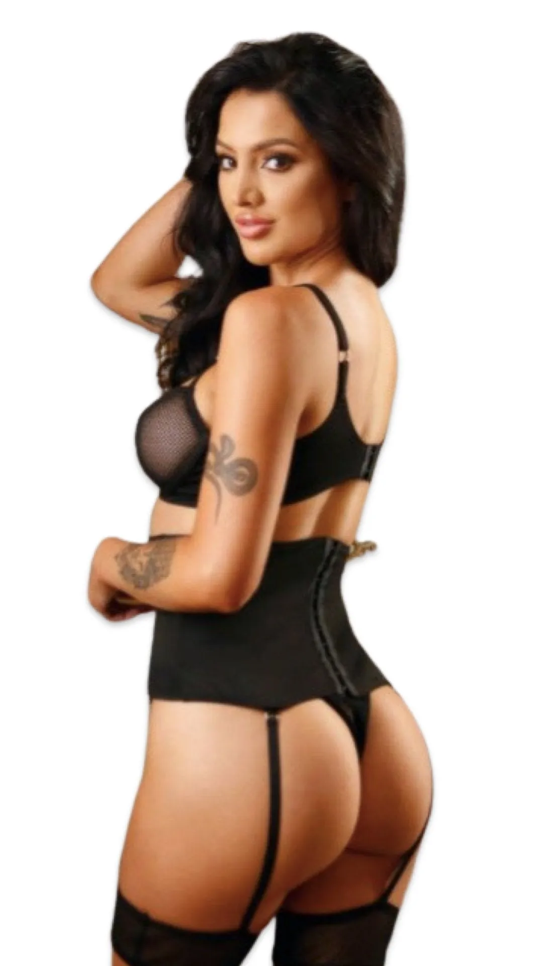 Cage Bra, Cincher and Thick Garter Set Black