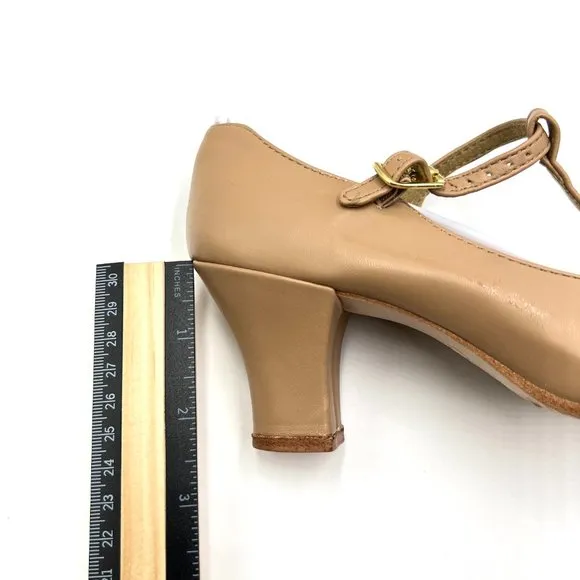 Capezio 750 Caramel Tan Jr. Footlight T-Strap Character Dance Shoe Heels Sz 4.5M
