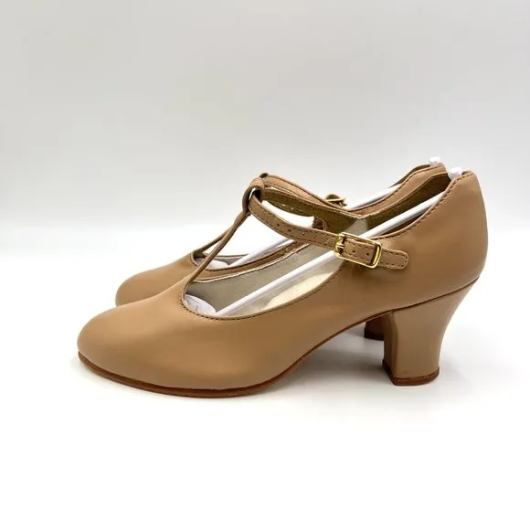 Capezio 750 Caramel Tan Jr. Footlight T-Strap Character Dance Shoe Heels Sz 4.5M