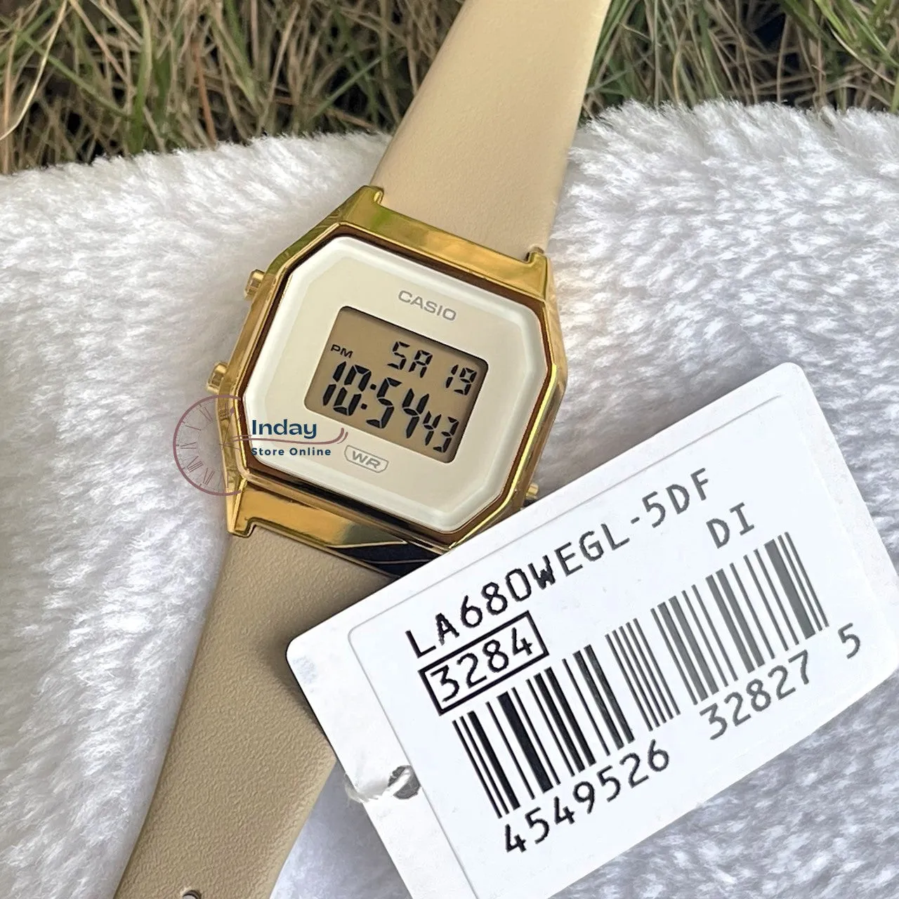 Casio Women's Watch LA680WEGL-5 Beige Color Genuine Leather Band Water Resistant Resin Glass