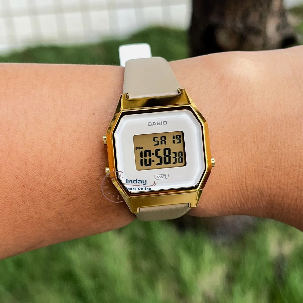 Casio Women's Watch LA680WEGL-5 Beige Color Genuine Leather Band Water Resistant Resin Glass