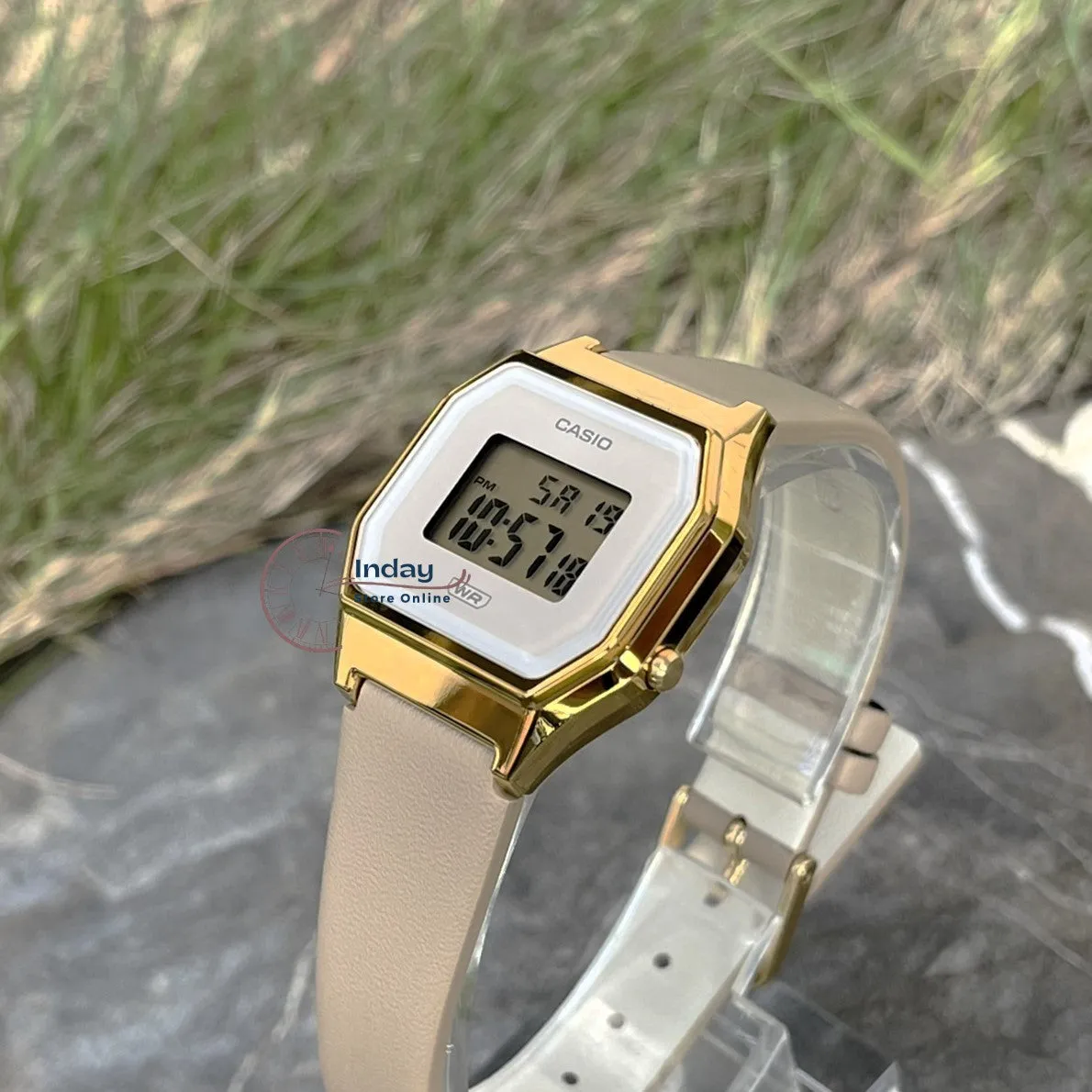 Casio Women's Watch LA680WEGL-5 Beige Color Genuine Leather Band Water Resistant Resin Glass
