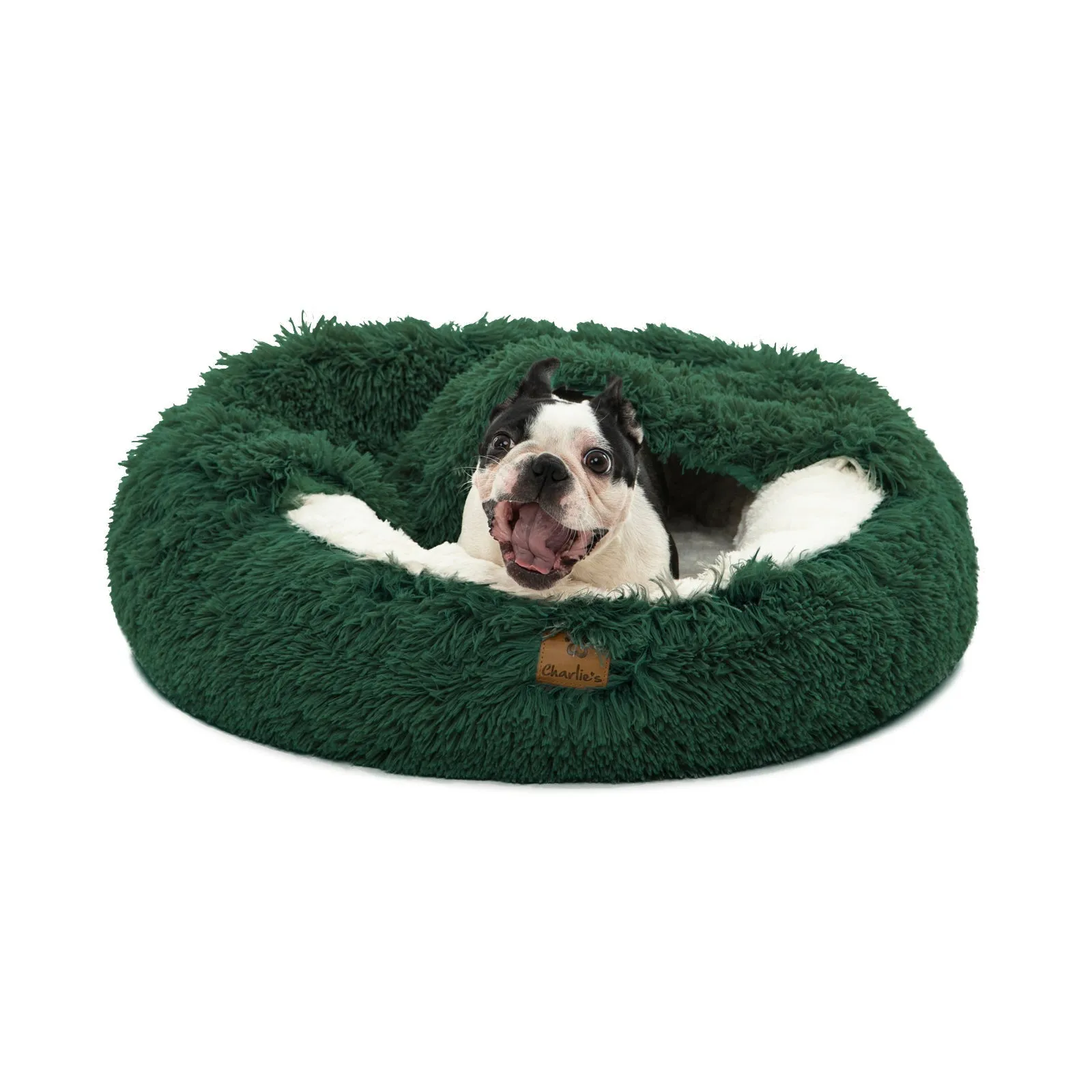 Charlie's Snookie Hooded Faux Fur Calming Dog Bed Eden Green Large