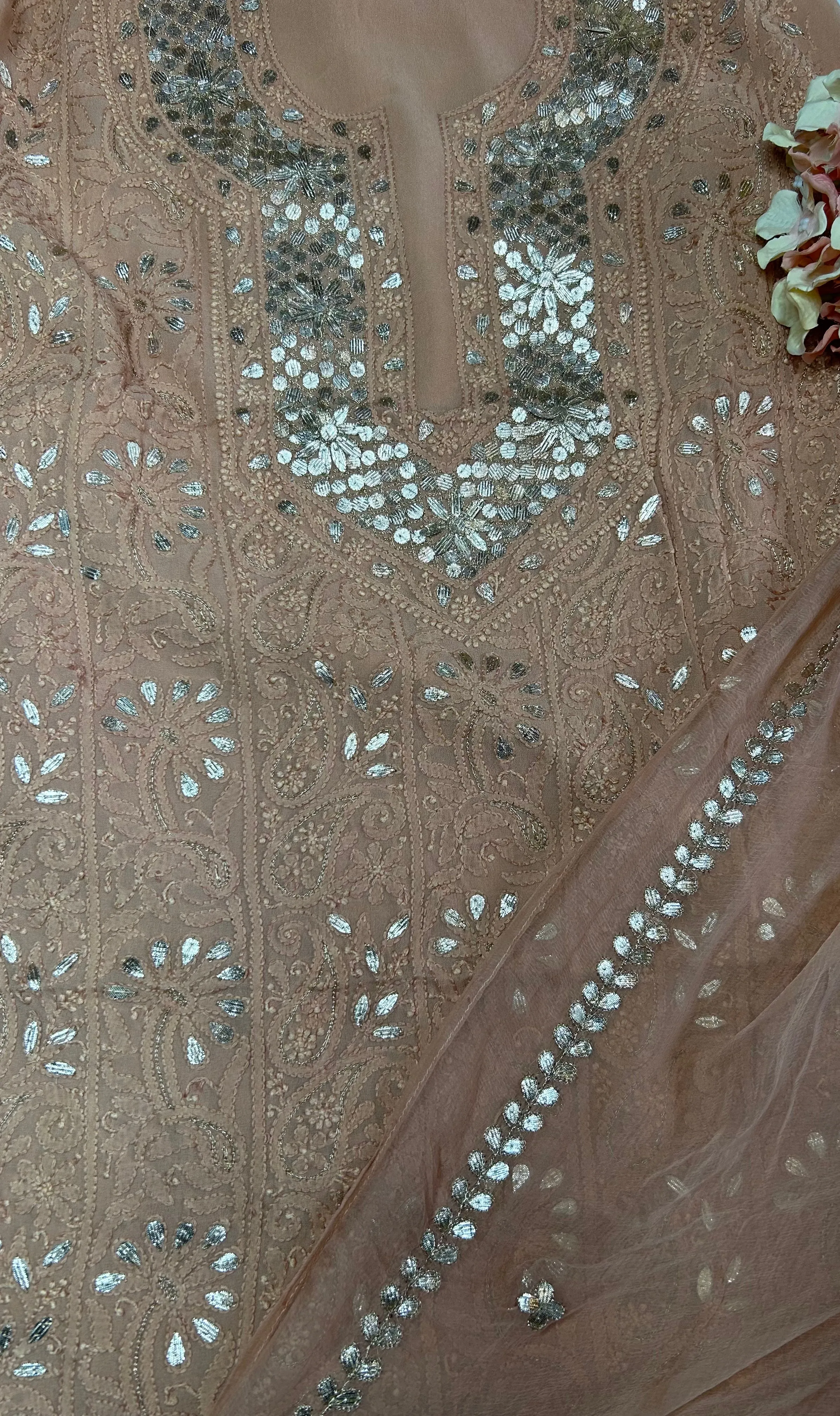 Chestnut Brown Unique Lakhnawi Chinkari Mukaish work Salwar Suit fabric