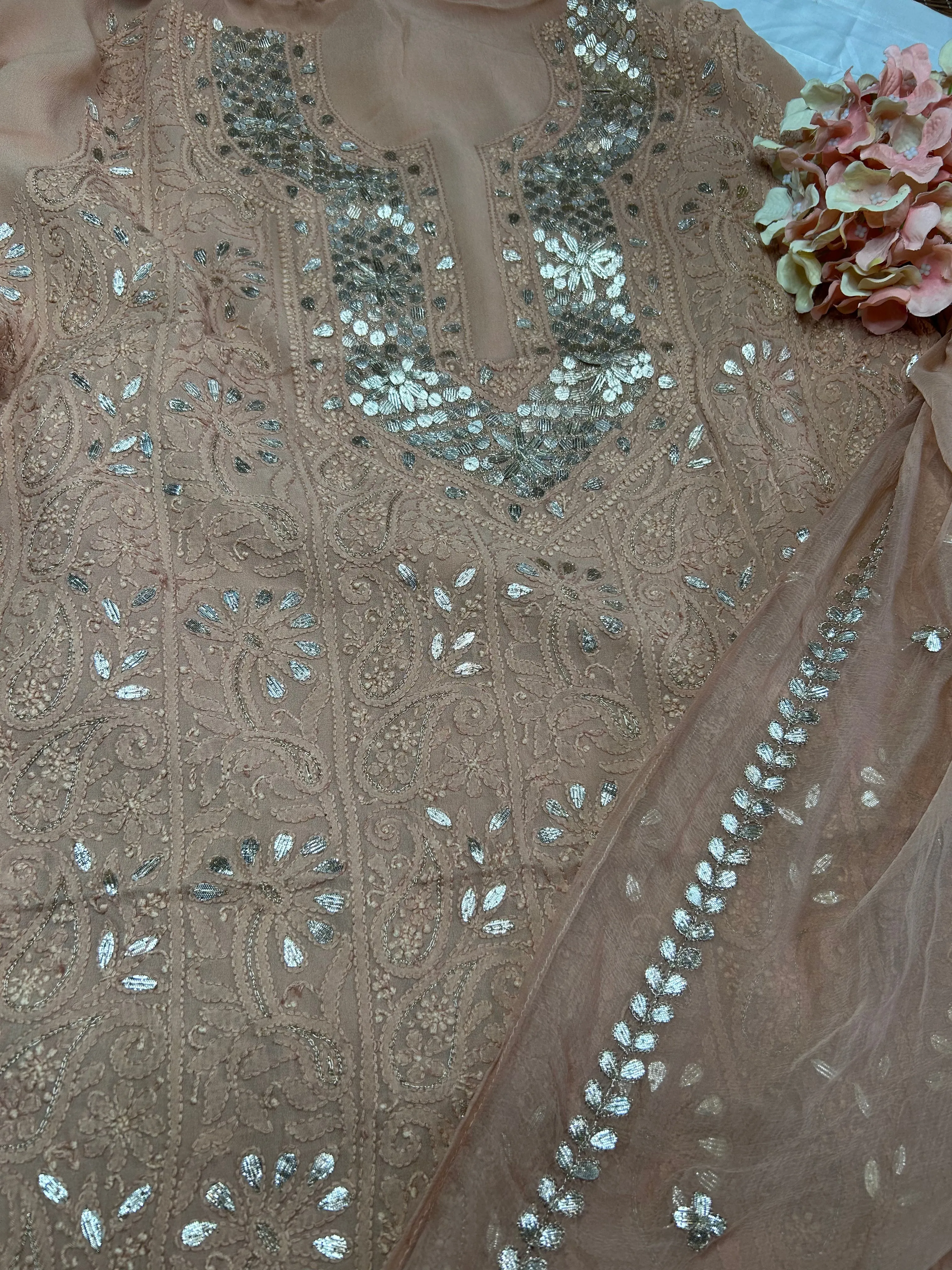 Chestnut Brown Unique Lakhnawi Chinkari Mukaish work Salwar Suit fabric