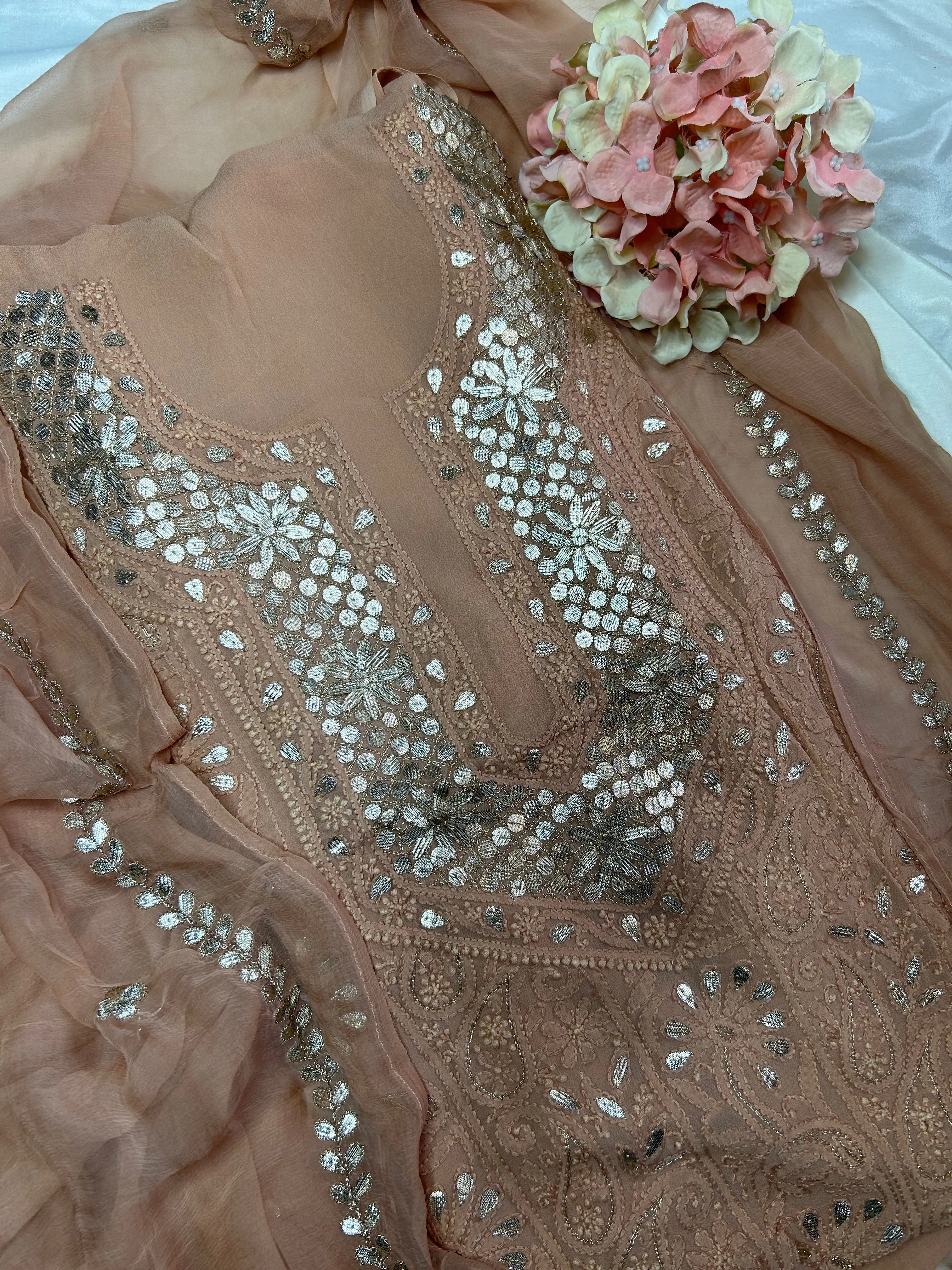 Chestnut Brown Unique Lakhnawi Chinkari Mukaish work Salwar Suit fabric