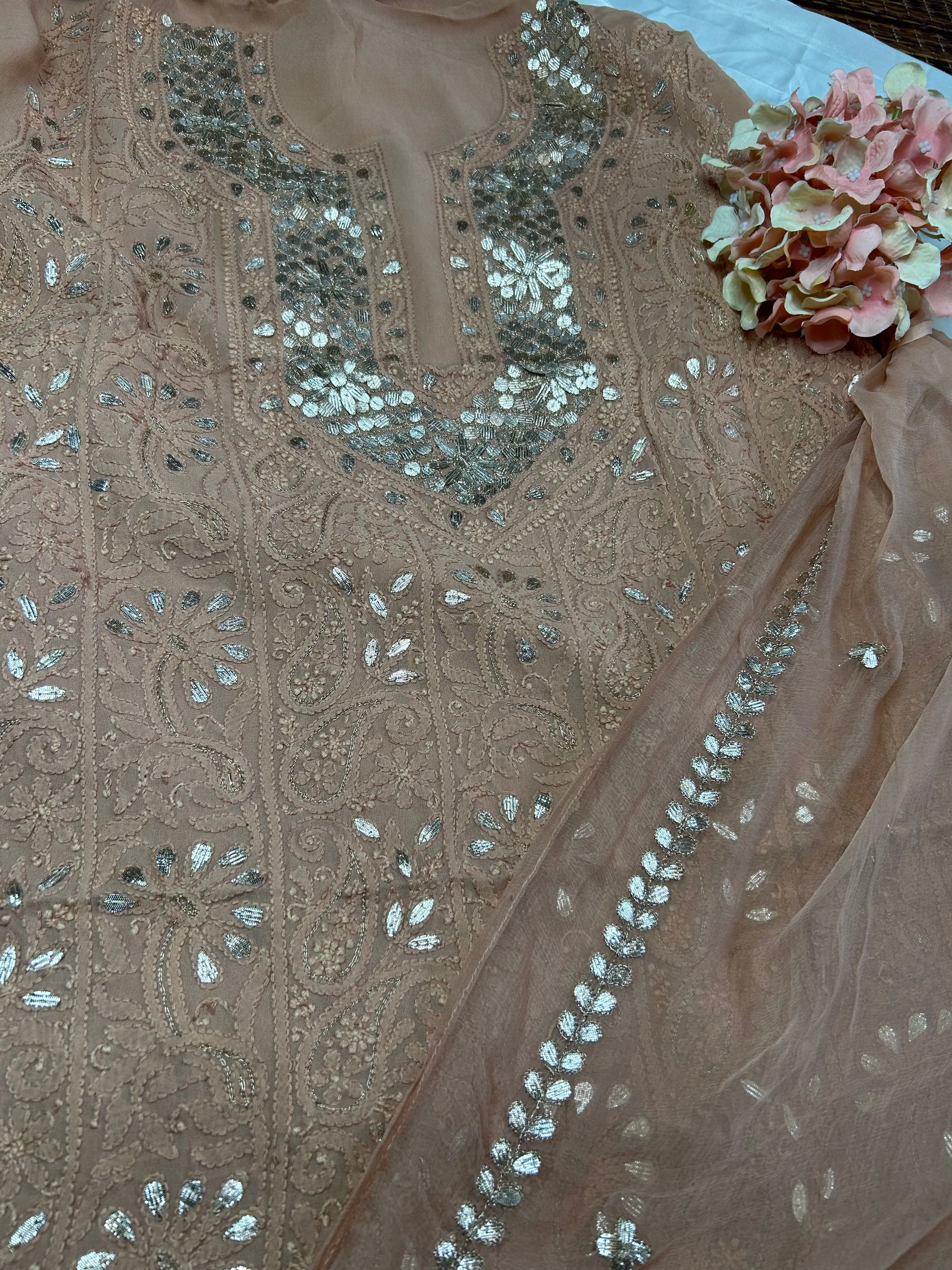 Chestnut Brown Unique Lakhnawi Chinkari Mukaish work Salwar Suit fabric