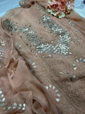 Chestnut Brown Unique Lakhnawi Chinkari Mukaish work Salwar Suit fabric