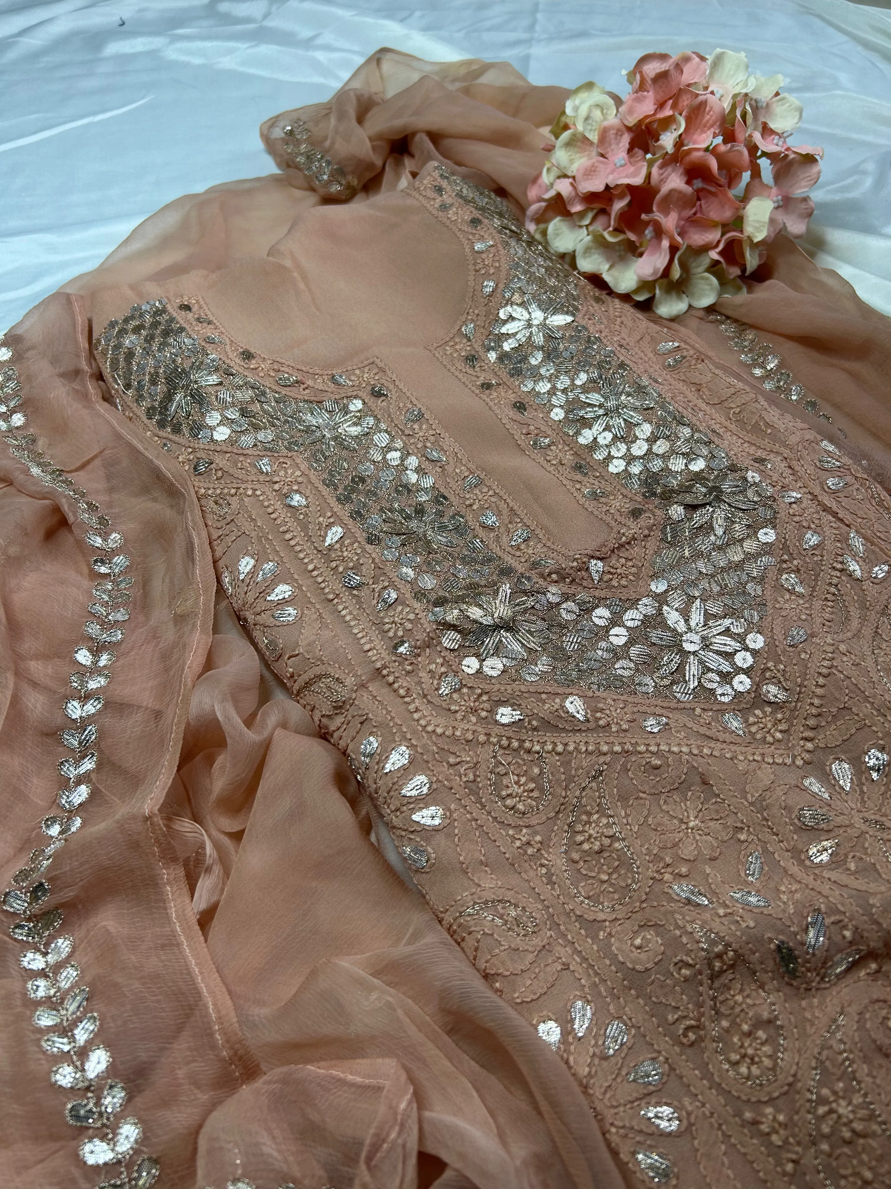 Chestnut Brown Unique Lakhnawi Chinkari Mukaish work Salwar Suit fabric