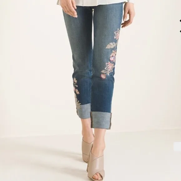 CHICOS SO SLIMMING Floral-Embroidered Girlfriend Cuffed Slim Leg Ankle Jeans 6