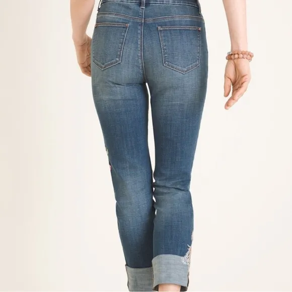 CHICOS SO SLIMMING Floral-Embroidered Girlfriend Cuffed Slim Leg Ankle Jeans 6