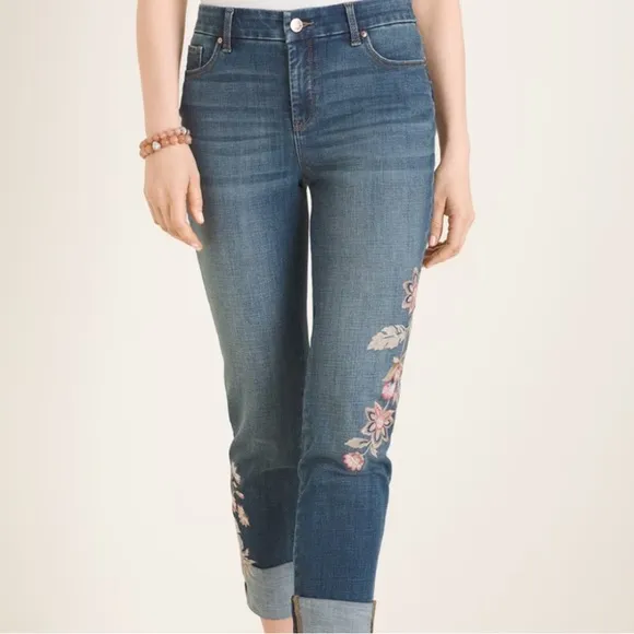 CHICOS SO SLIMMING Floral-Embroidered Girlfriend Cuffed Slim Leg Ankle Jeans 6