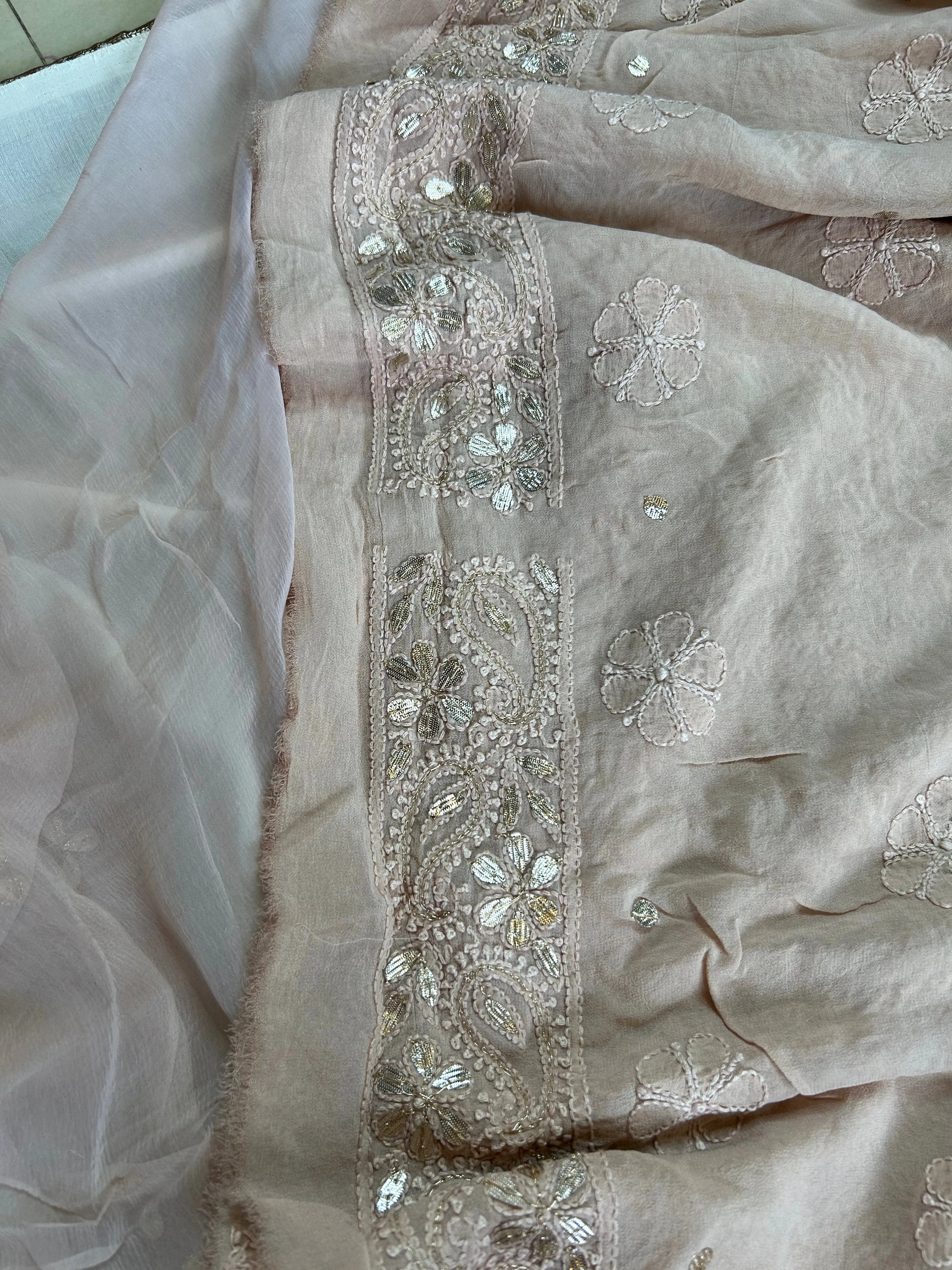 Chikankari mukaish work Salwar suit set unstitched in Camel Brown