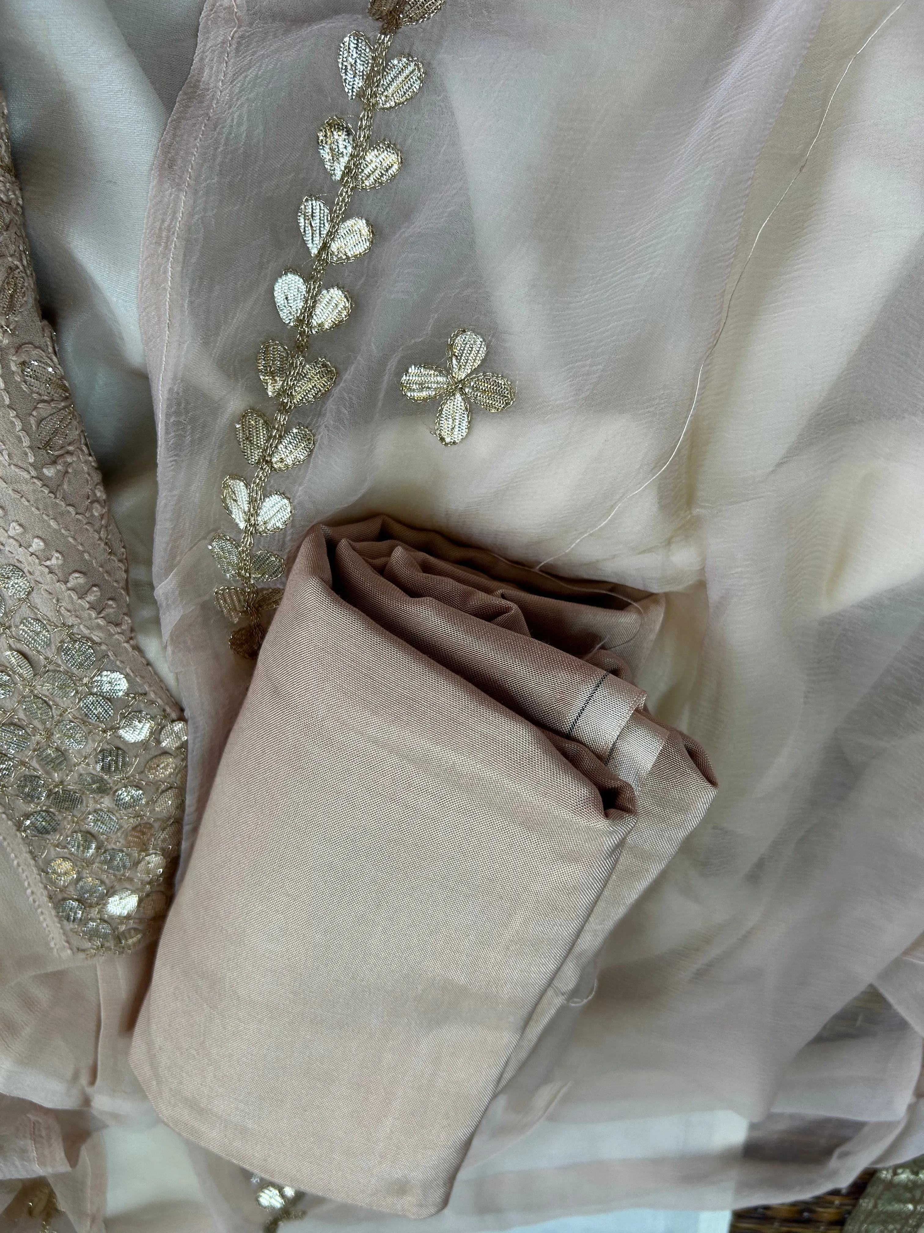 Chikankari mukaish work Salwar suit set unstitched in Camel Brown
