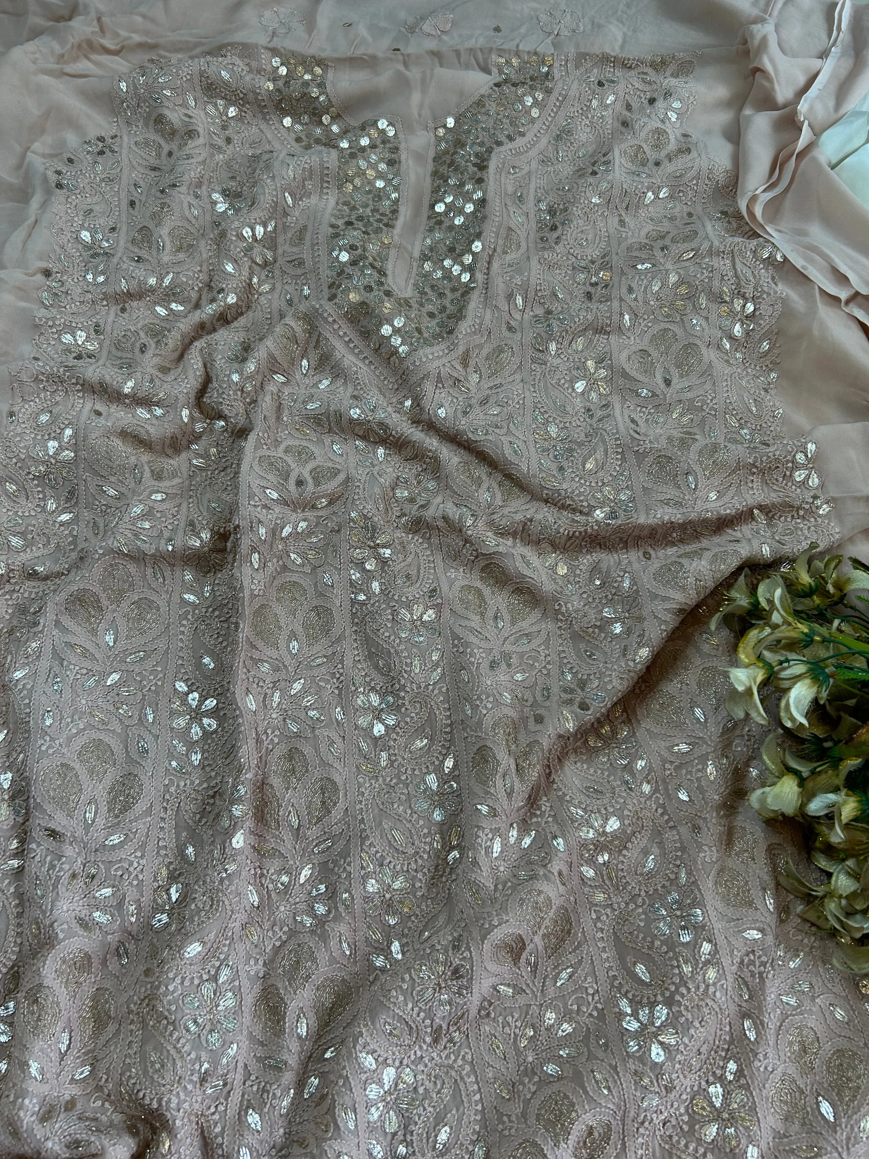 Chikankari mukaish work Salwar suit set unstitched in Camel Brown