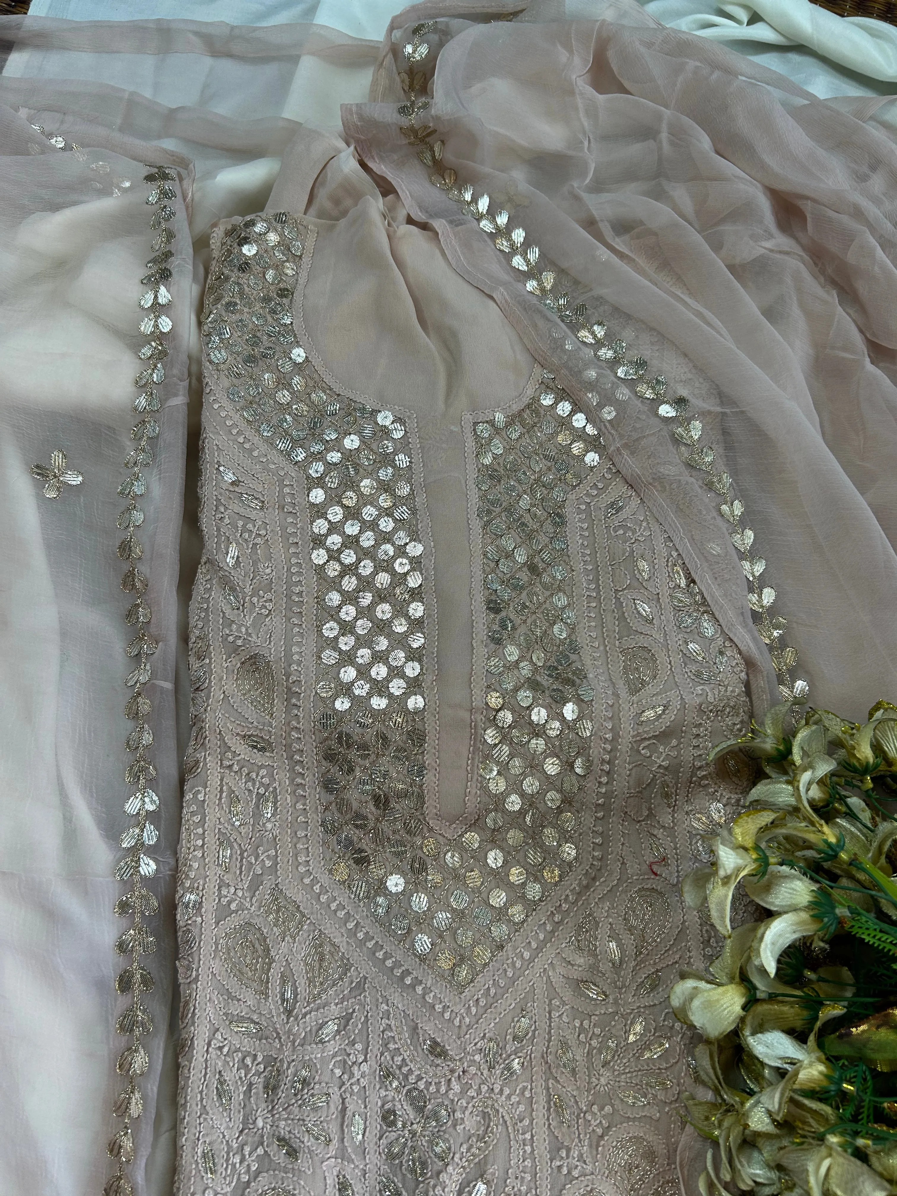 Chikankari mukaish work Salwar suit set unstitched in Camel Brown