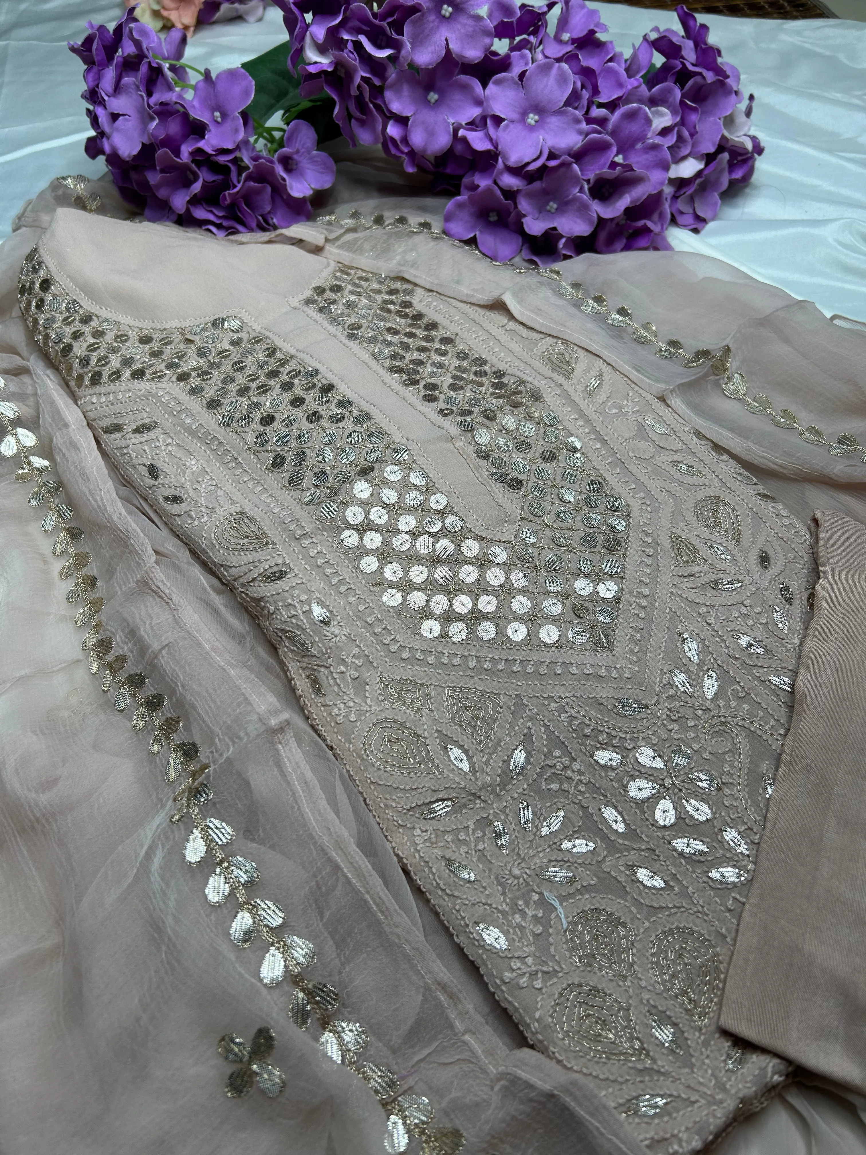 Chikankari mukaish work Salwar suit set unstitched in Camel Brown