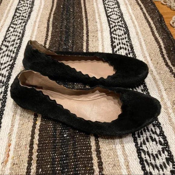 Chloe Rare Black Calf Hair Lauren Scalloped Ballet Flats