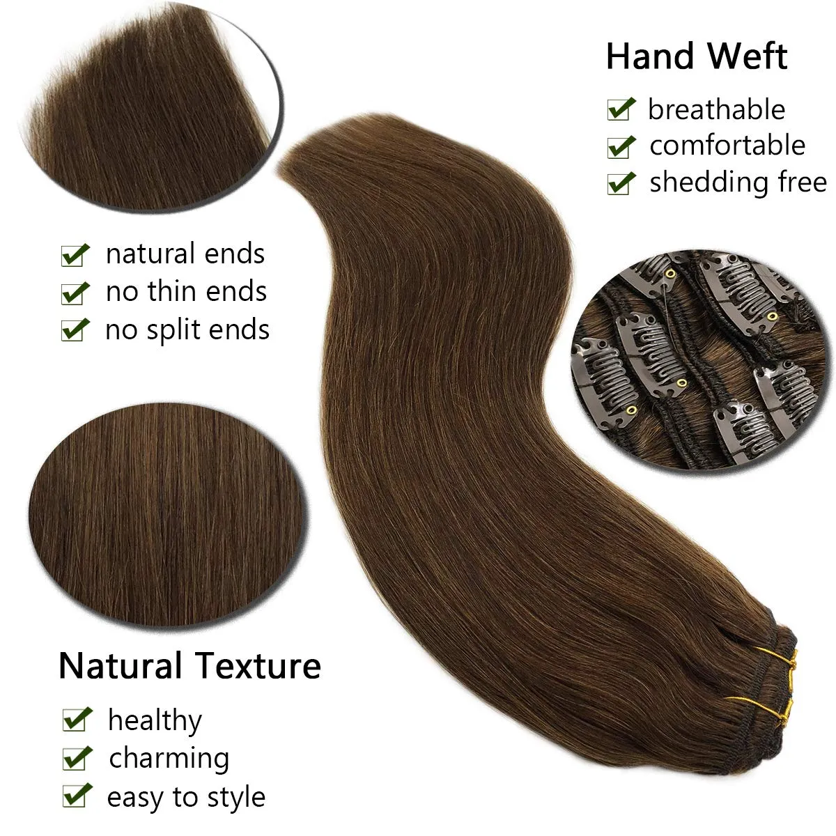 Chocolate Brown 7pcs 120g Clip in Human Hair Extensions