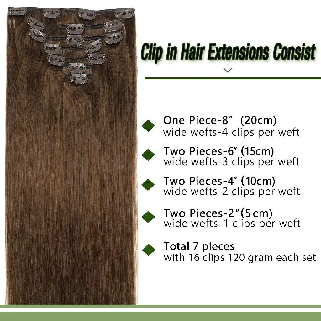 Chocolate Brown 7pcs 120g Clip in Human Hair Extensions