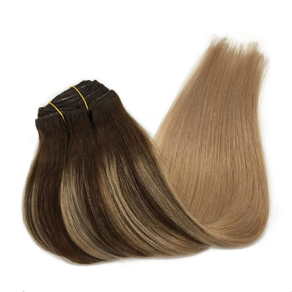 Chocolate Brown Fading to Dirty Blonde 7pcs 120g Clip in Human Hair Extensions