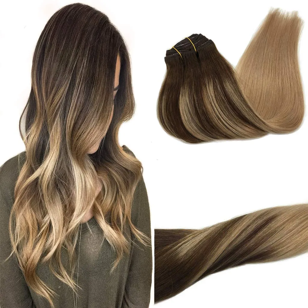 Chocolate Brown Fading to Dirty Blonde 7pcs 120g Clip in Human Hair Extensions