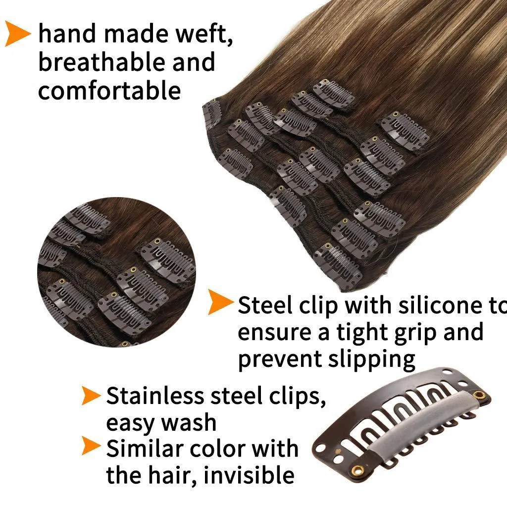 Chocolate Brown Fading to Dirty Blonde 7pcs 120g Clip in Human Hair Extensions