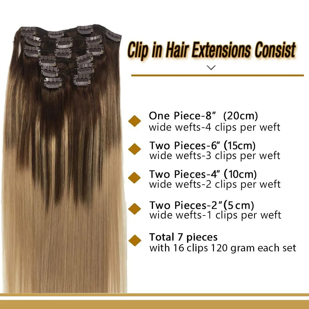 Chocolate Brown Fading to Dirty Blonde 7pcs 120g Clip in Human Hair Extensions