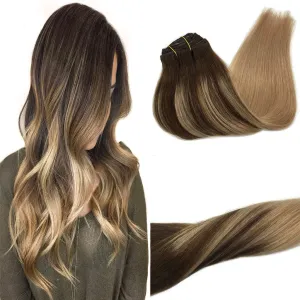 Chocolate Brown Fading to Dirty Blonde 7pcs 120g Clip in Human Hair Extensions