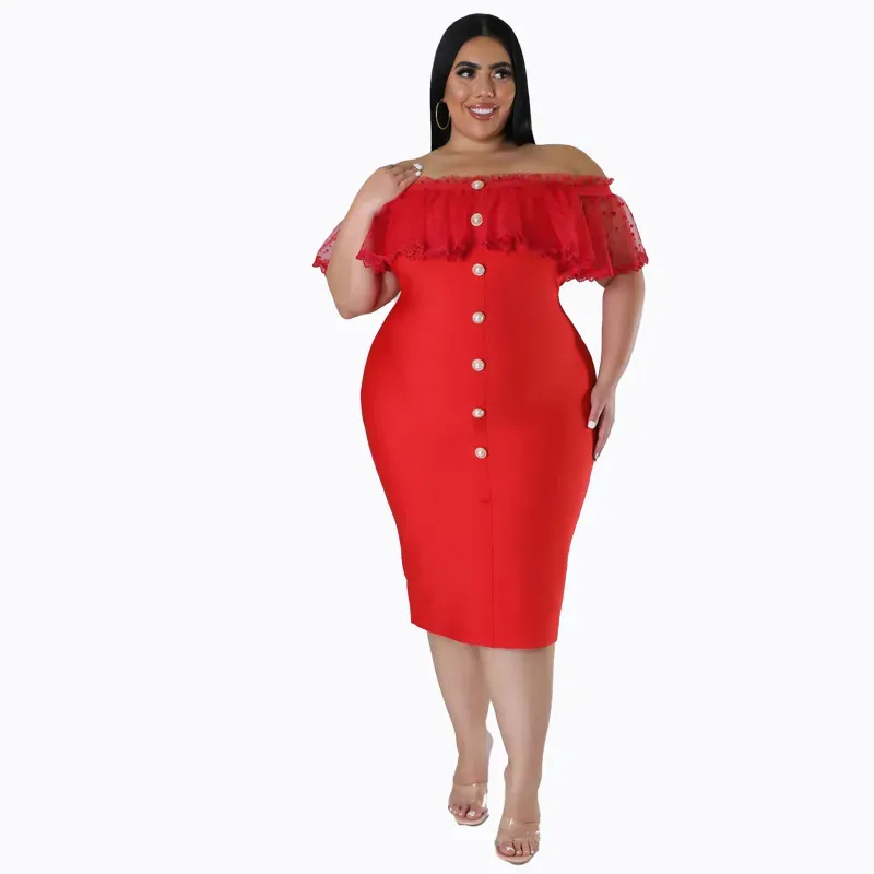 Clarissa Plus Off Shoulder Polka Dot Ruffle Bodycon Midi Dress