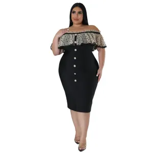 Clarissa Plus Off Shoulder Polka Dot Ruffle Bodycon Midi Dress