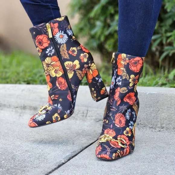 COPY - Women Flower Print Square Toe Chain Bit Buckle Block Heel Bootie