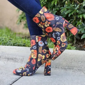 COPY - Women Flower Print Square Toe Chain Bit Buckle Block Heel Bootie