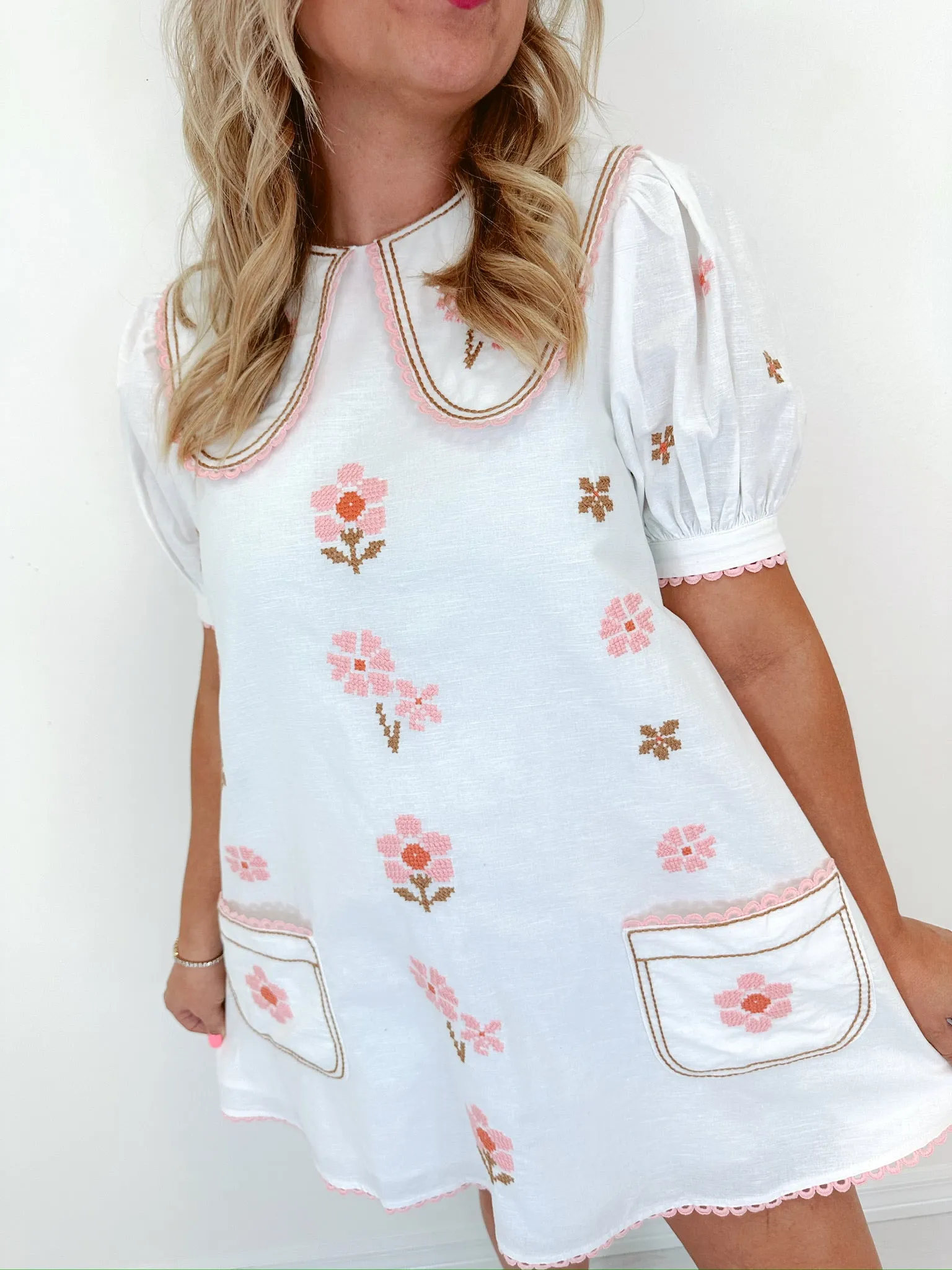 Cora Cross Stitch Embroidered Mini Dress