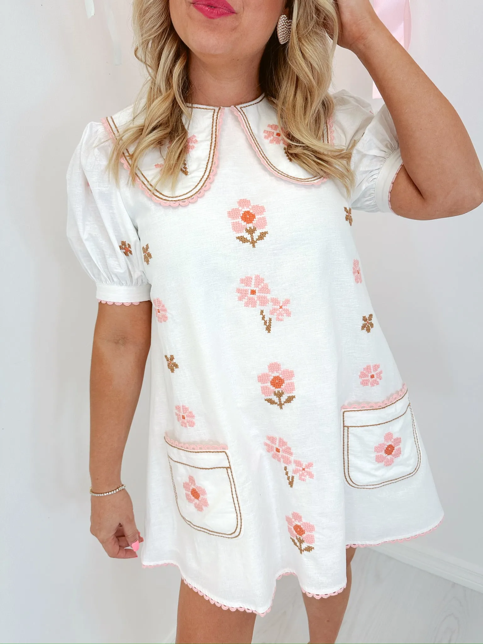 Cora Cross Stitch Embroidered Mini Dress