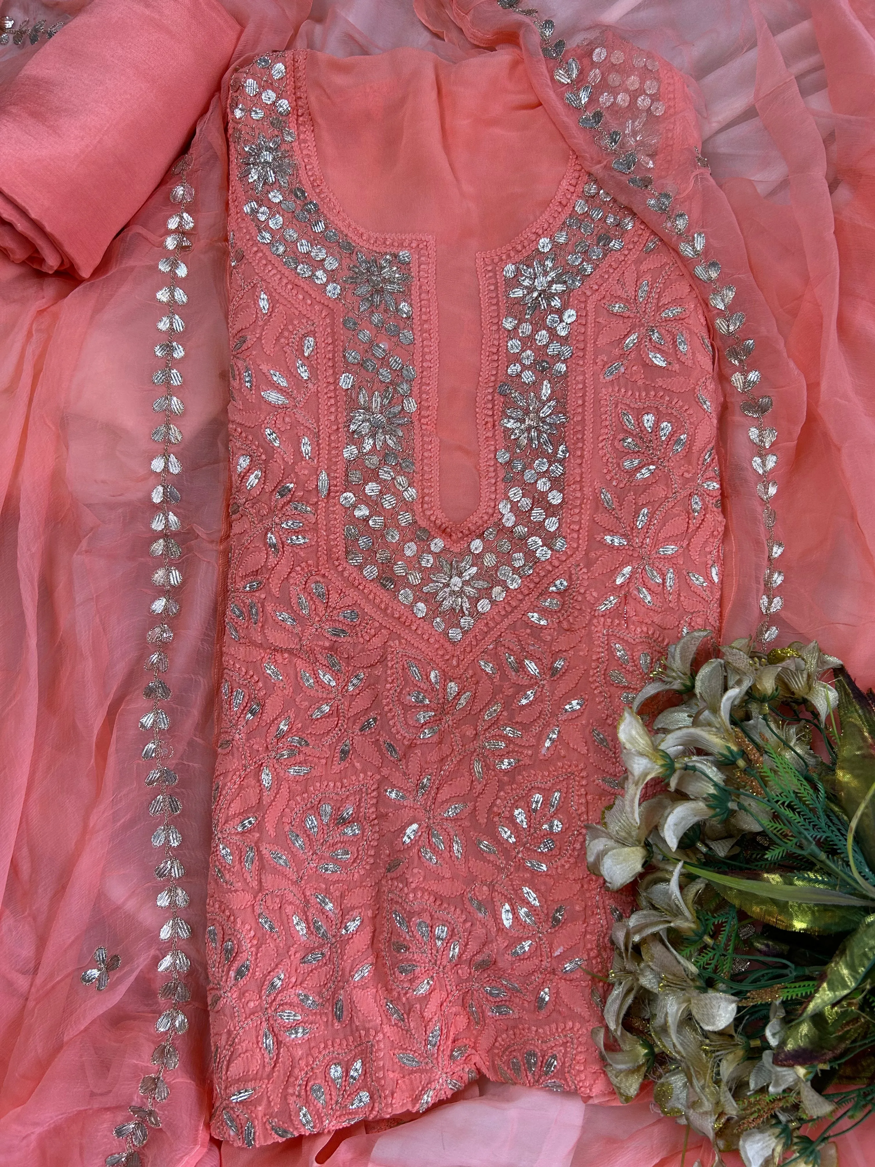 Coral Pink Chinkaari Gota embroidery unstitched Salwar Suit set