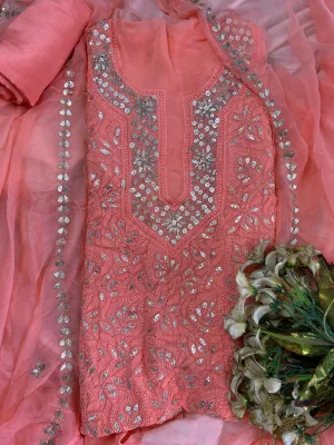 Coral Pink Chinkaari Gota embroidery unstitched Salwar Suit set