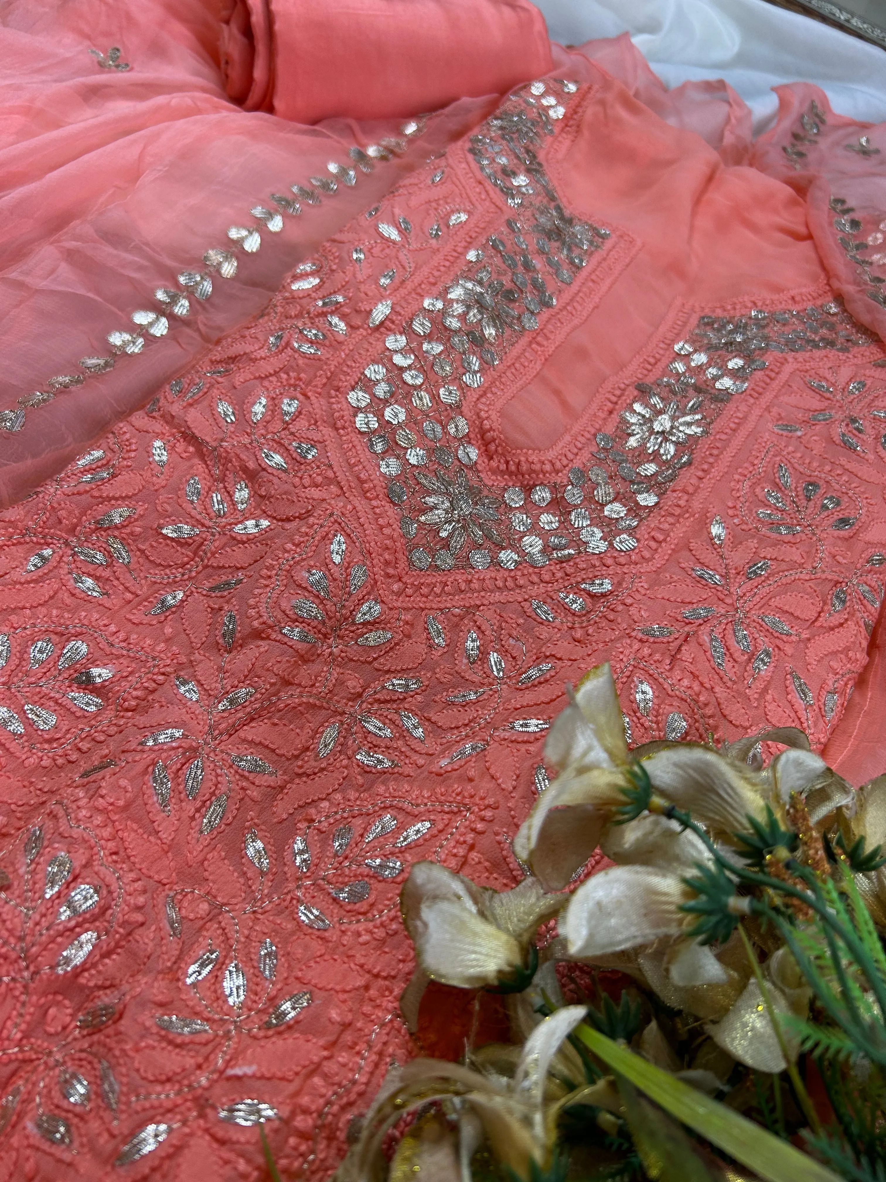 Coral Pink Chinkaari Gota embroidery unstitched Salwar Suit set