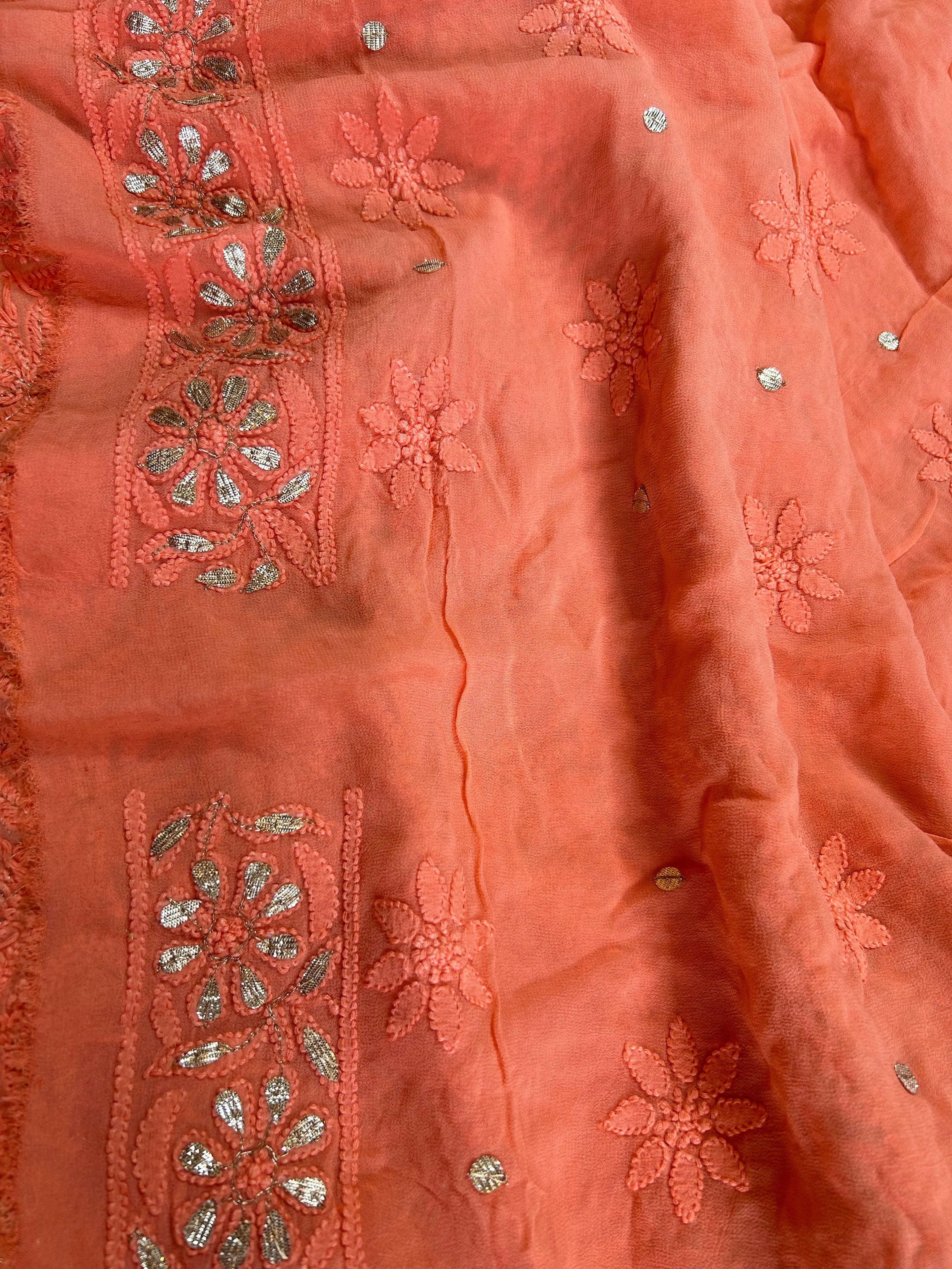 Coral Pink Chinkaari Gota embroidery unstitched Salwar Suit set