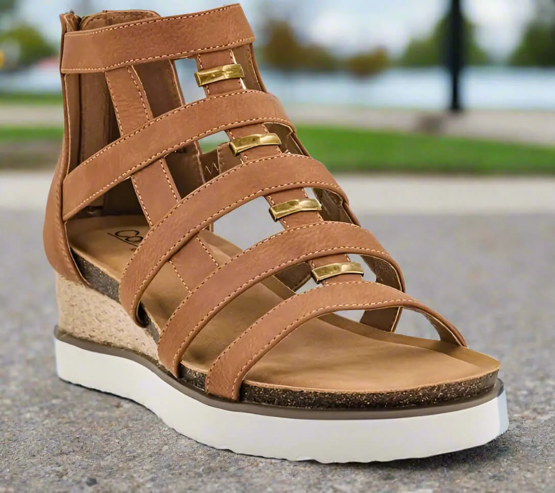 CORKYS CAGED WEDGE SANDALS (cognac)