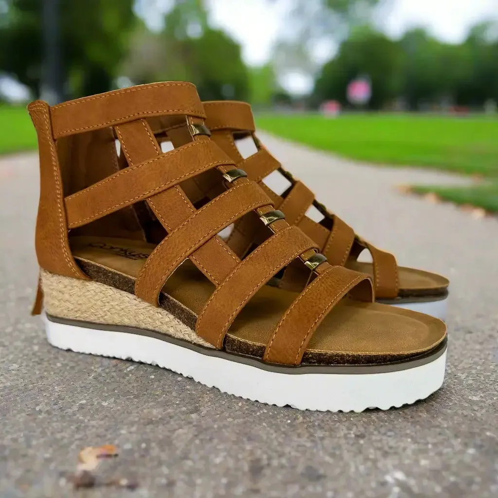 CORKYS CAGED WEDGE SANDALS (cognac)