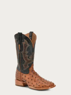 Corral Men's Tan & Olive Green Ostrich Embroidery Wide Square Toe Cowboy Boot
