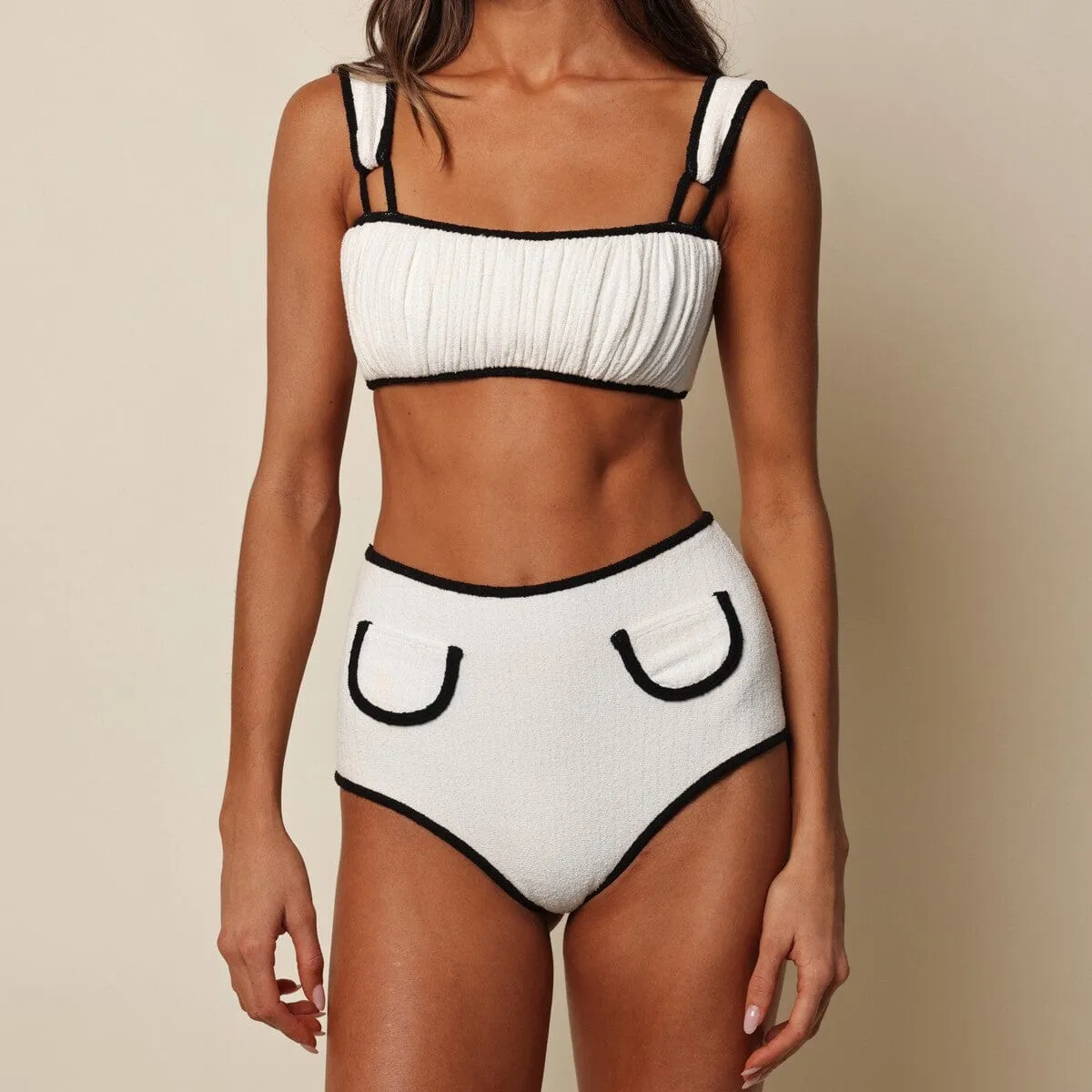 Cream (Black Binded) Terry Rib Victoria Bikini Top