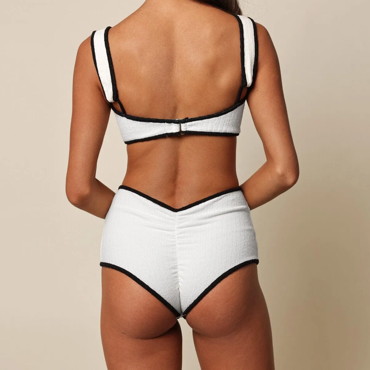 Cream (Black Binded) Terry Rib Victoria Bikini Top