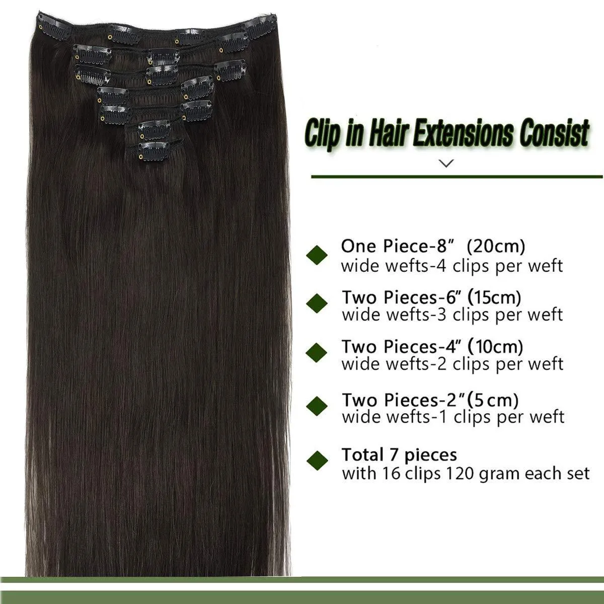 Dark Brown 7pcs 120g Clip in Human Hair Extensions