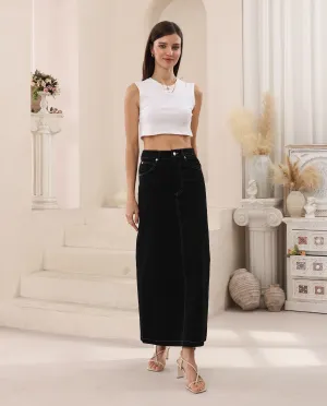 Delilah Long Denim Skirt - Black