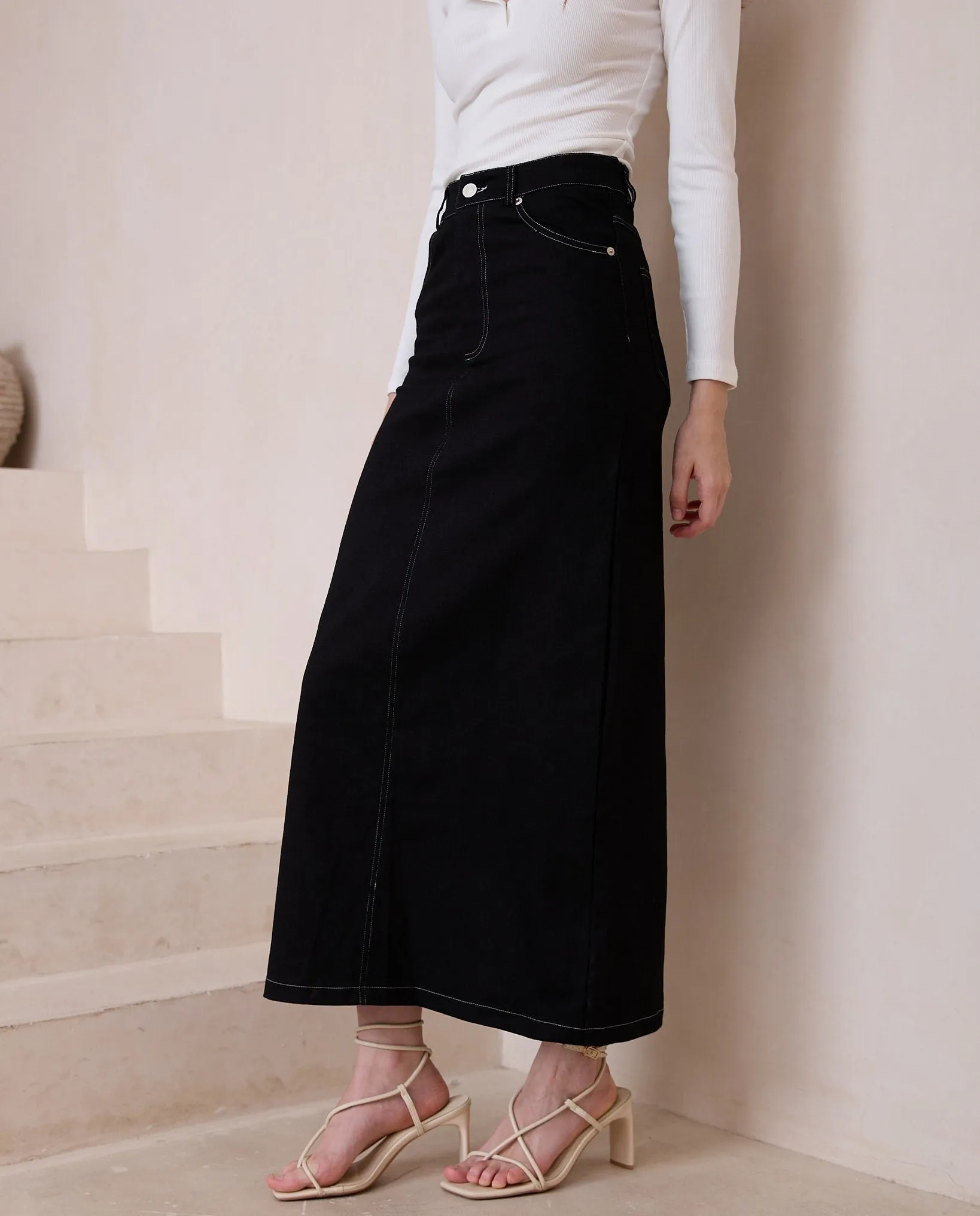 Delilah Long Denim Skirt - Black